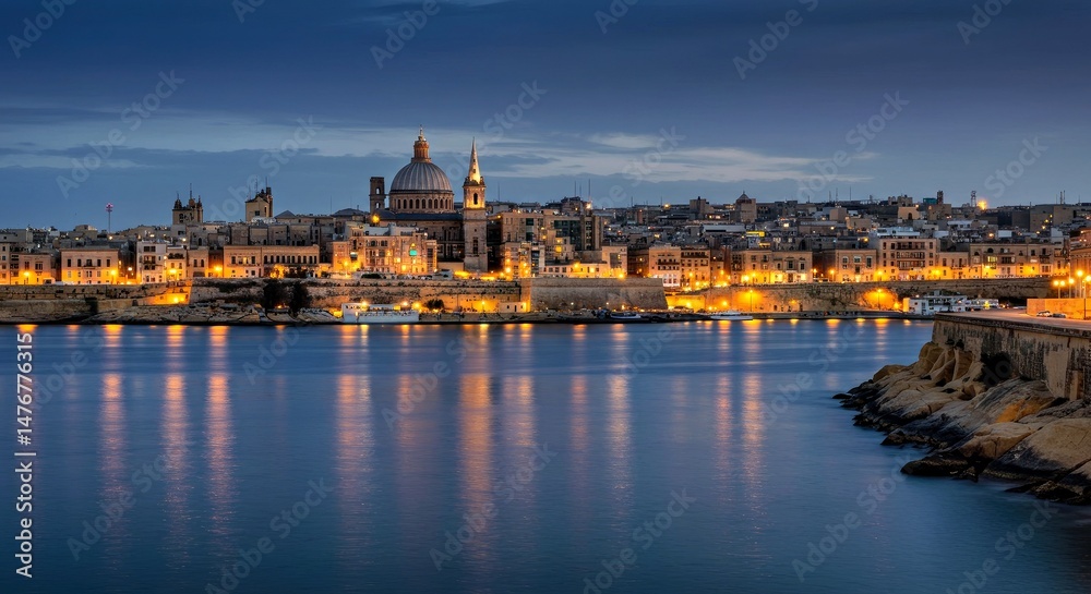 Fototapeta premium Valletta Skyline: Twilight View from Sliema with Harbor Reflections