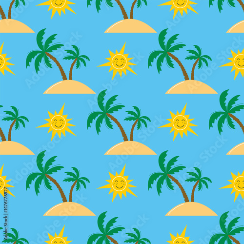 Bright summer print with palm tree on island and sun. Beach holiday vacation background. Tropical seamless patten, vector graphic