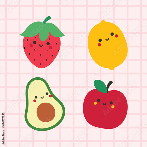 Set of cute kawaii fruit illustrations with smiling faces and bright colors perfect for kids educational materials stickers decorations and playful graphic design elements