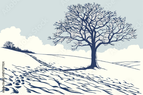 129 detailed winter landscape with a lone tree on a snowy field, intricate patterns in the snow, minimalist, highly detailed, 8k, cinematic lighting, by greg mort, artstation