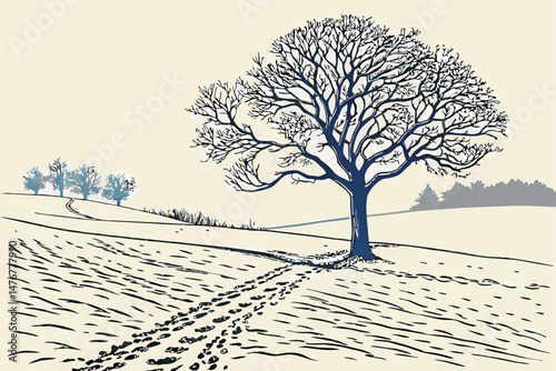 129 detailed winter landscape with a lone tree on a snowy field, intricate patterns in the snow, minimalist, highly detailed, 8k, cinematic lighting, by greg mort, artstation