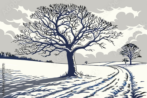 129 detailed winter landscape with a lone tree on a snowy field, intricate patterns in the snow, minimalist, highly detailed, 8k, cinematic lighting, by greg mort, artstation