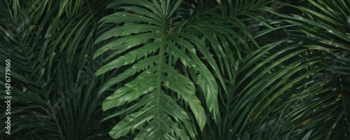 Intricate palm leaf details, rich emerald hues, tropical feel , background, vacation