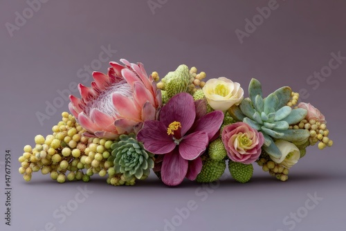 Elegant Protea and Succulent Floral Arrangement: A Serene Botanical Composition