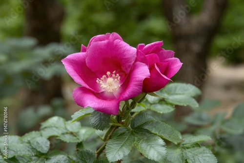 Vibrant Pink Rose Blooms in Serene Garden Setting