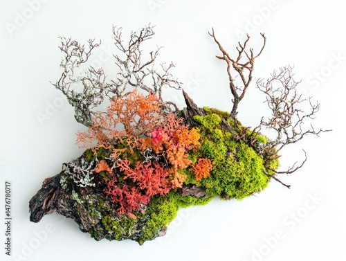 A miniature landscape on a driftwood base, featuring moss, lichen, and small, detailed trees.  Intricate design of various shades of  green, orange, and brown