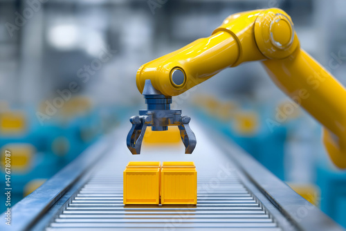 A robotic arm places yellow boxes on a conveyor belt in a modern automated factory setting.
