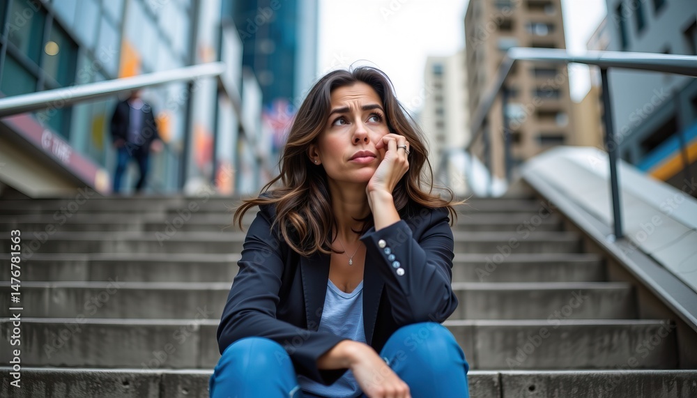 Fototapeta premium Thoughtful Adult Woman Sitting on Stairs in Urban Environment with Pensive Expression
