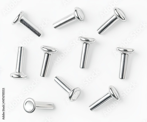 Small, shiny metal fasteners, round heads, various angles