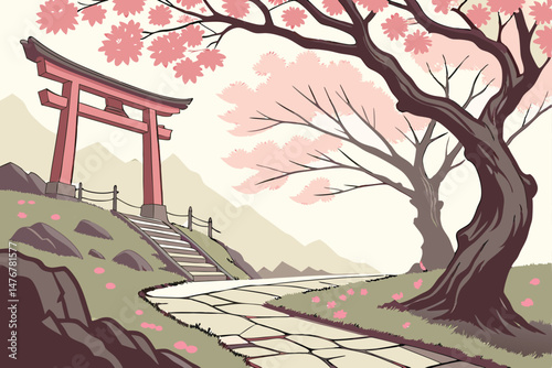 66 pink cherry blossom trees, red japanese torii gate, stone pathway, scenic japanese landscape, digital art, fantasy style, highly detailed, 8k, cinematic lighting