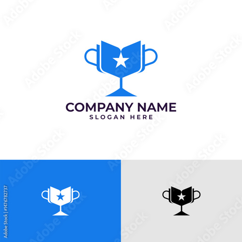 Modern logo featuring an open book and a trophy icon, symbolizing achievement through knowledge. Clean, geometric design suitable for education, awards, or any brand focused on success.