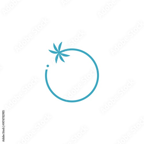 Playful tomato logo. A thin blue circle forms the main body, Six blue leaf-like shapes radiate from the top, creating the tomato's crown. Represents freshness, nature, food, or agriculture.
