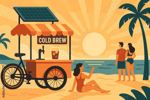 Flat food‑tech scene with PV panel trike, cold brew jars, and sandy shore