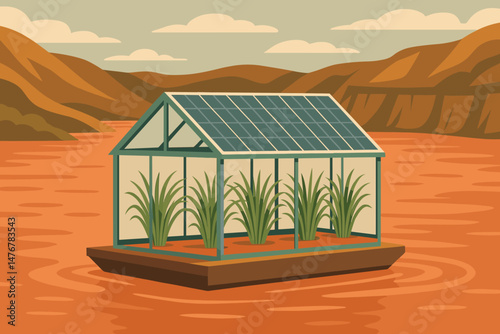 Flat ag‑tech scene with PV rafts, lemongrass beds, and red cliffs