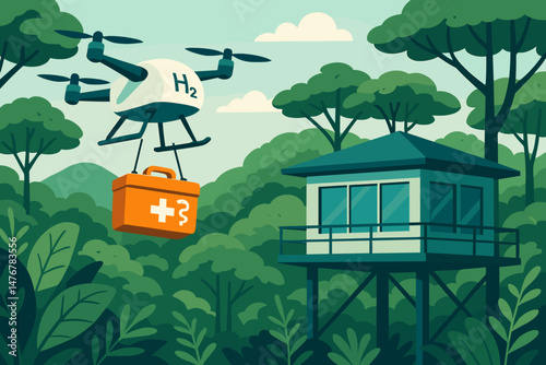 Flat medical‑tech scene with H₂ drone, small kit, and dense canopy