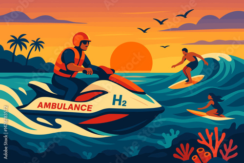 Flat emergency‑mobility scene with H₂ jet‑ski, surfers, and orange horizon