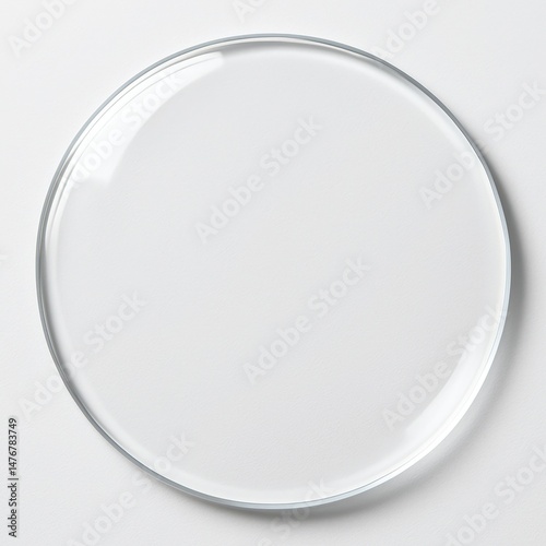 Blank transparent round glass sign plate, white background.