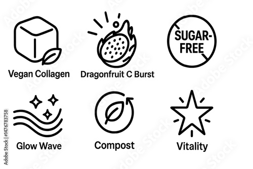 Gummy‑wellness icons showing cube, burst, seal, wave, loop, star