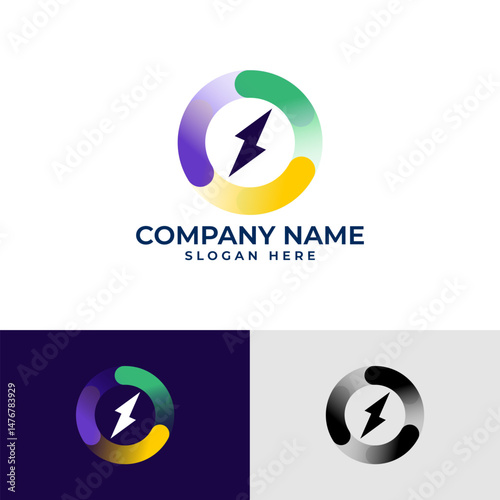 Vibrant energy-themed logo with a circular gradient ring in purple, green, and yellow, featuring a bold lightning bolt in the center. Includes light, dark, and monochrome branding variations.