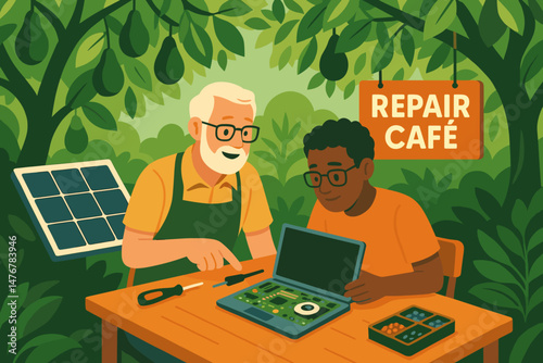 Flat circular‑tech scene with PV shade, solder tables, and avocado trees