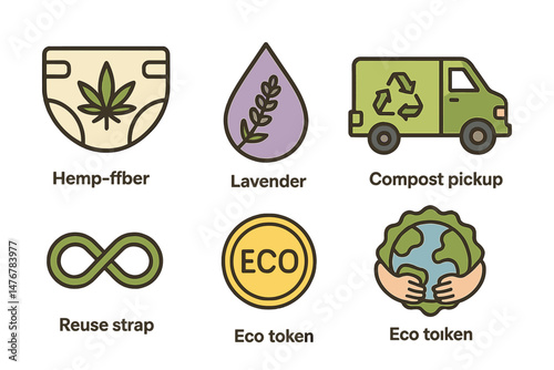 Diaper‑eco icons showing diaper, droplet, van, badge, strap, token