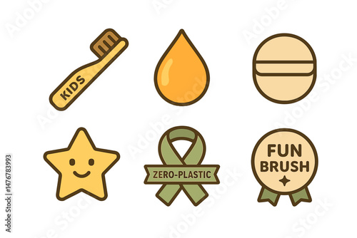 Child‑dental icons showing brush, drop, pellet, star, ribbon, badge