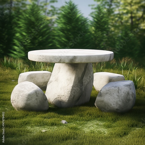 Stone Table and Stool in Outdoor Grass Setting