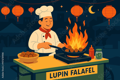 Flat plant‑food scene with lupin falafel grill, blue coils, and paper lanterns