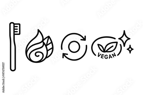 Dental‑eco icons linking brush, swirl, arrow, badge, star