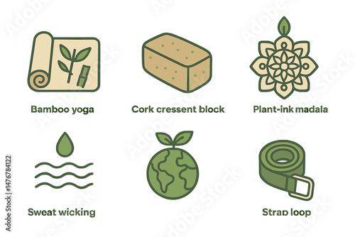 Yoga‑eco icons showing mat, block, mandala, badge, ripple, loop