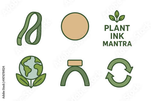 Yoga‑eco icons linking sling, ball, mantra, badge, arc, loop