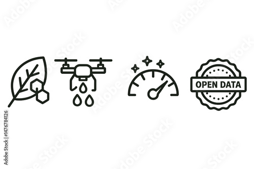 Nature‑finance icons showing leaf, drone, gauge, coin, badge