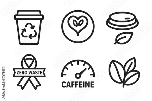 Café‑eco icons linking cup, heart, lid, ribbon, dial, icon