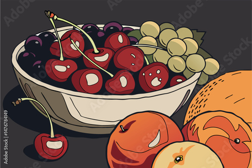 130 8K, highly detailed, hyper-realistic, vibrant, vivid, lush, photorealistic, sharp focus, high contrast, macro shot, assortment of colorful ripe fresh whole fruit, cherries, apples, oranges, grapes