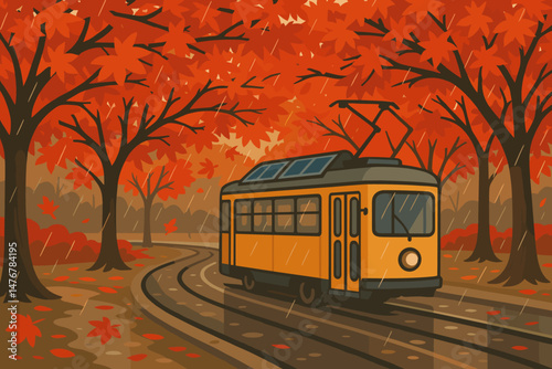 Flat green‑city scene with PV tram, red maples, and drizzle reflections