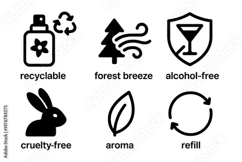 Perfume‑eco icons showing spritz, wave, crest, bunny, leaf, ring