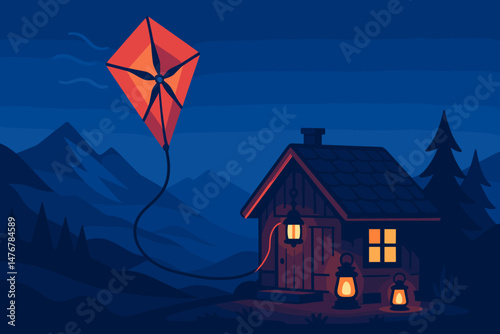 Flat mountain‑tech scene with kite line, glowing lanterns, and blue peaks