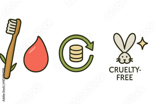 Dental‑eco icons linking brush, drop, arrow, badge, star
