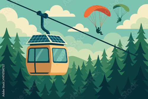 Flat adventure‑tech scene with PV cabins, paraglider packs, and green canopy