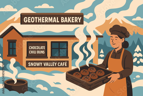 Flat food‑tech scene with red‑tinted buns, steam, and snowy peaks