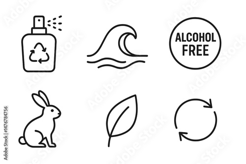 Fragrance‑eco icons showing spritz, wave, badge, bunny, leaf, path