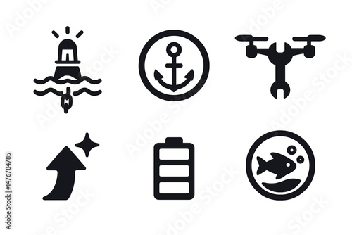 Buoy‑tech icons linking lamp, ring, wrench, sparkle, gauge, badge
