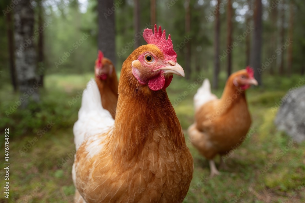 Fototapeta premium Rustic Forest Hens: A Serene Poultry Portrait