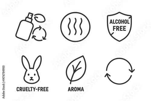 Perfume‑eco icons showing spritz, ripple, crest, bunny, leaf, loop