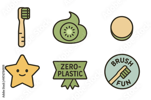 Kid‑dental icons showing brush, drop, pellet, star, ribbon, badge