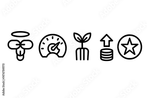 Finance‑eco icons linking halo, dial, fork, arrow, star