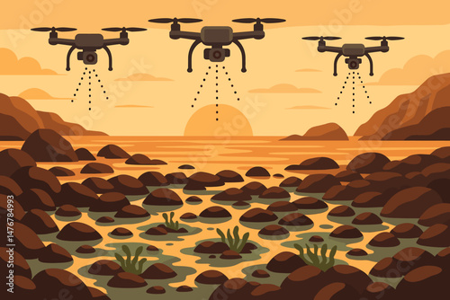 Flat marine‑tech scene with drone mist, tide pools, and orange dawn