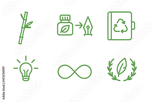 Stationery‑eco icons linking pen, converter, planner, spark, loop, emblem