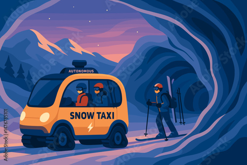 Flat winter‑tech scene with e‑snow taxi, glowing cave mouths, and purple sky