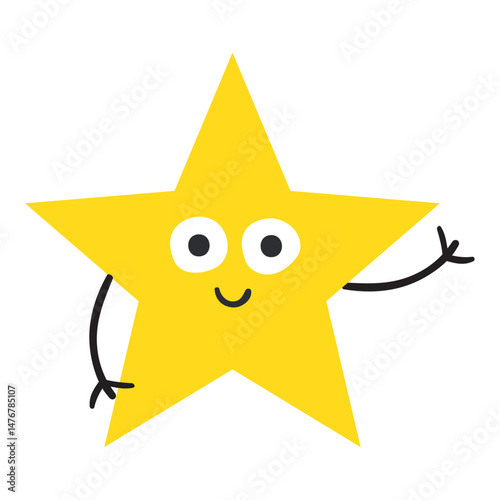 Smiling waving star. Happy cute character. Flat design. Hand drawn vector illustration.